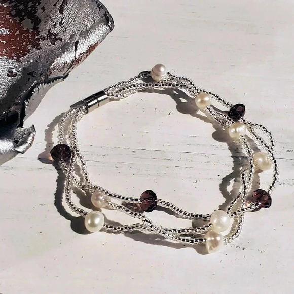 Hand Crafted Freshwater Pearl Austrian Crystal White Purple Twist Bracelet - Picture 4 of 8